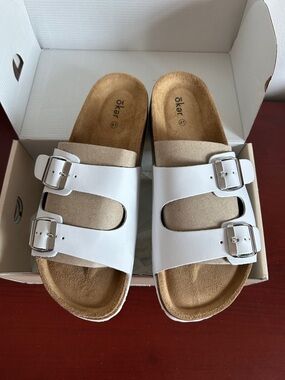 OKER White Double-Buckle Slide Sandals-leather